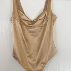 Free People Gold Satin Bodysuit Womens Sleeveless Cowl Neck Metallic Bodysuit